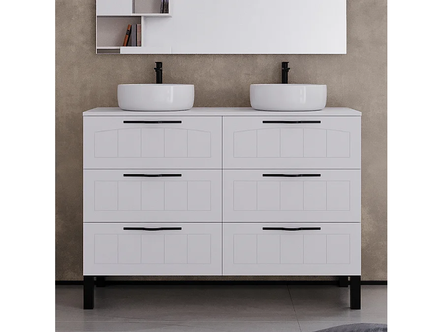 Meuble de salle de bain 120cm avec plateau et deux vasques à poser rondes - 6 tiroirs - sans miroir - blanc - CALA