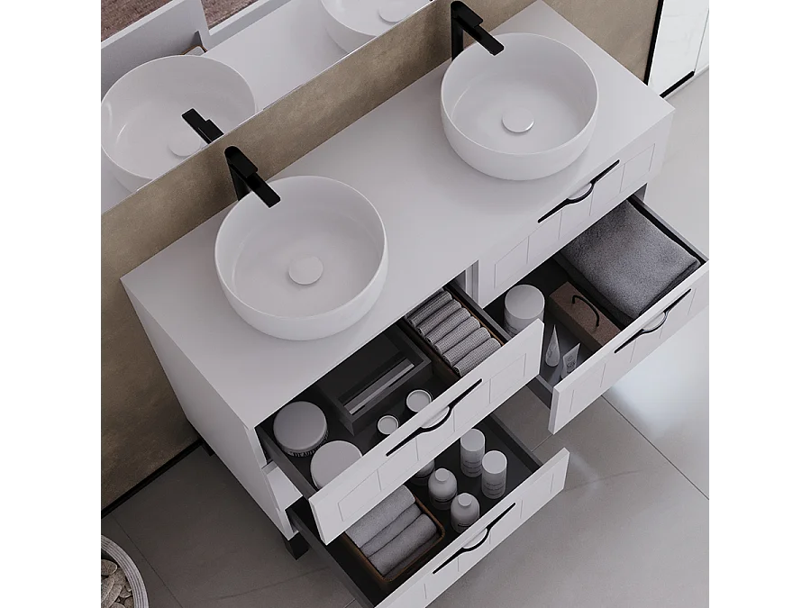 Meuble de salle de bain 120cm avec plateau et deux vasques à poser rondes - 6 tiroirs - sans miroir - blanc - CALA