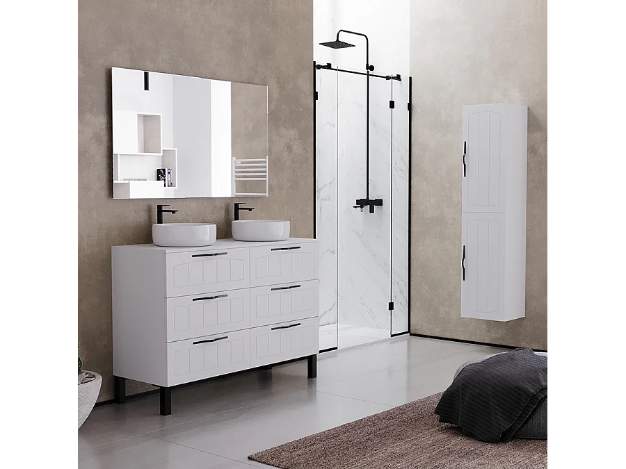 Meuble de salle de bain 120cm avec plateau et deux vasques à poser rondes - 6 tiroirs - sans miroir - blanc - CALA