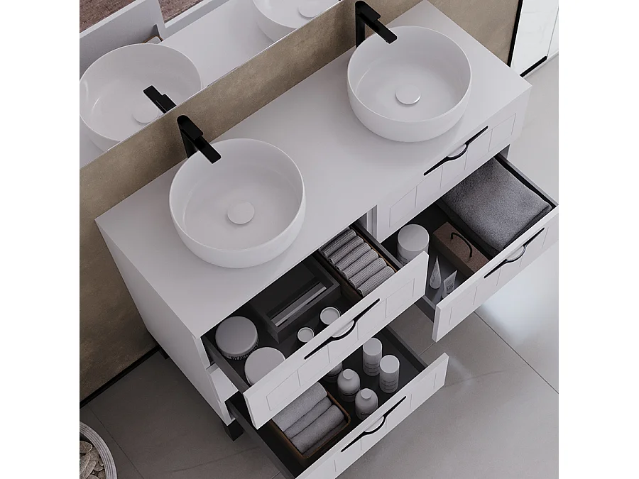 Meuble de salle de bain 120cm avec plateau et deux vasques à poser rondes - 6 tiroirs - sans miroir - blanc - CALA