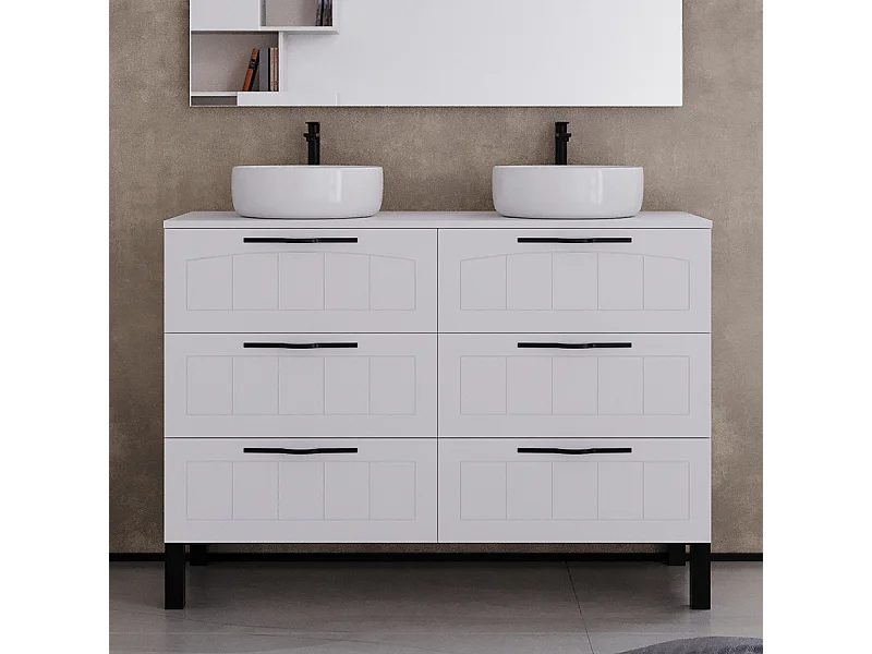 Meuble de salle de bain 120cm avec plateau et deux vasques à poser rondes - 6 tiroirs - sans miroir - blanc - CALA