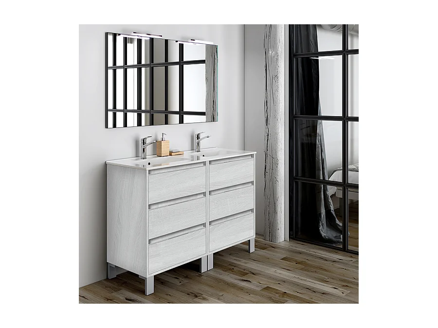 Meuble de salle de bain 120cm double vasque - 6 tiroirs - TIRIS 3C - hibernian (bois blanchi)