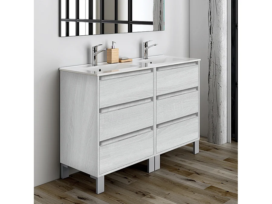 Meuble de salle de bain 120cm double vasque - 6 tiroirs - TIRIS 3C - hibernian (bois blanchi)