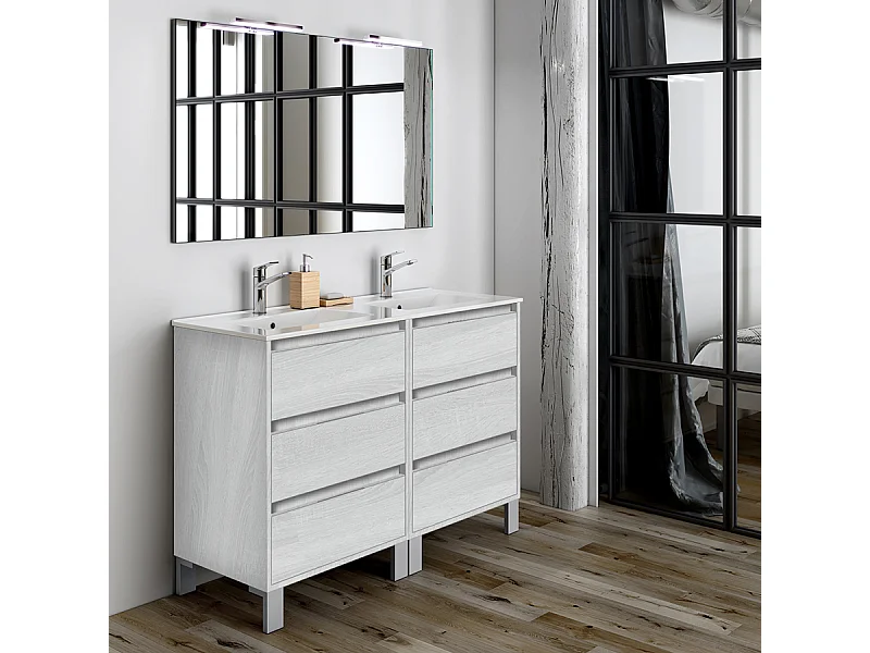 Meuble de salle de bain 120cm double vasque - 6 tiroirs - TIRIS 3C - hibernian (bois blanchi)