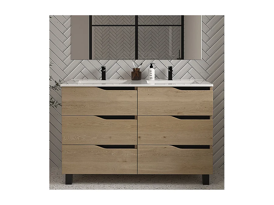 Meuble de salle de bain 120cm double vasque - sans miroir - 6 tiroirs - madera miel (bois clair) - MATA