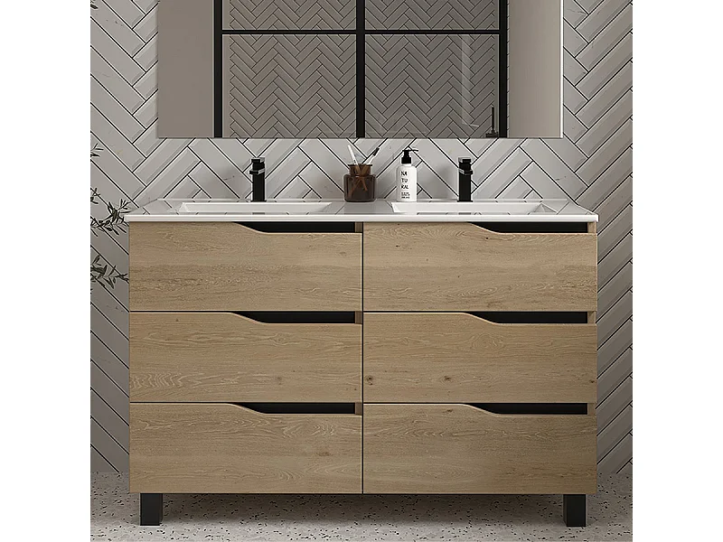 Meuble de salle de bain 120cm double vasque - sans miroir - 6 tiroirs - madera miel (bois clair) - MATA