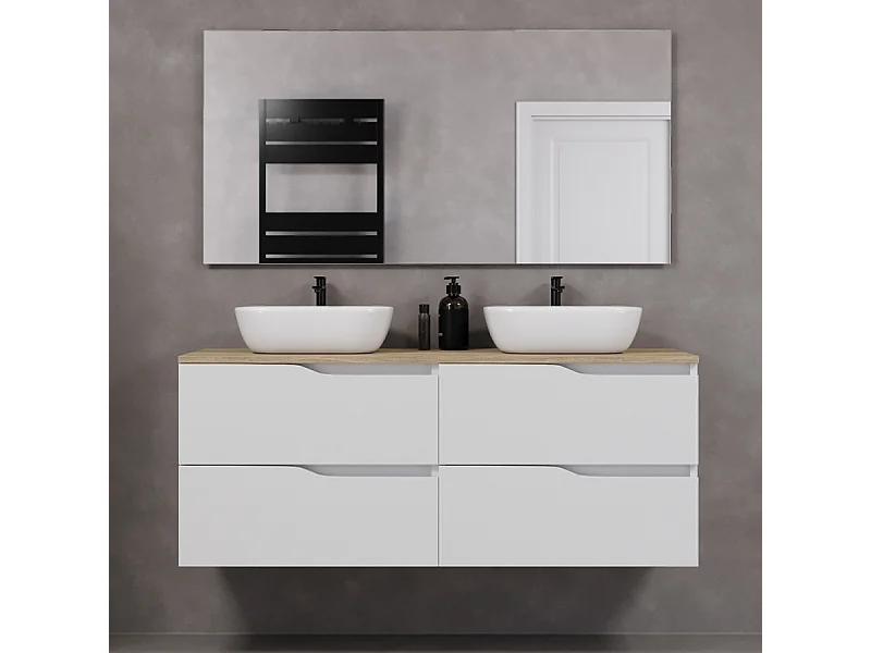Meuble de salle de bain 140cm avec plateau miel et deux vasques à poser zeus - 4 tiroirs - blanc - LUNA