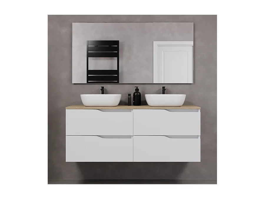 Meuble de salle de bain 140cm avec plateau miel et deux vasques à poser zeus - 4 tiroirs - blanc - LUNA