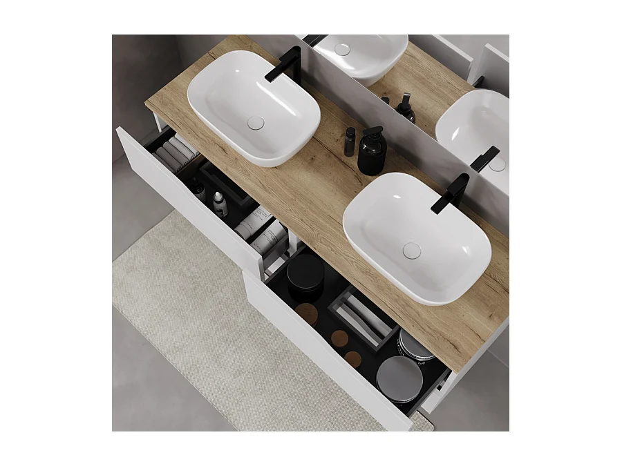 Meuble de salle de bain 140cm avec plateau miel et deux vasques à poser zeus - 4 tiroirs - blanc - LUNA