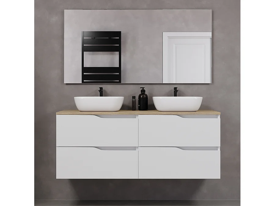 Meuble de salle de bain 140cm avec plateau miel et deux vasques à poser zeus - 4 tiroirs - blanc - LUNA