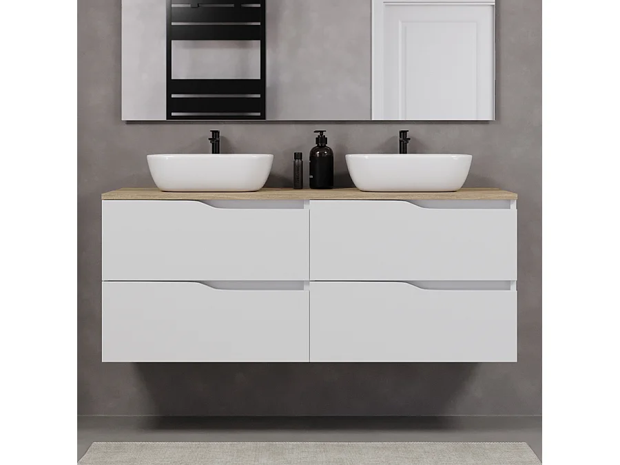 Meuble de salle de bain 140cm avec plateau miel et deux vasques à poser zeus - 4 tiroirs - blanc - LUNA