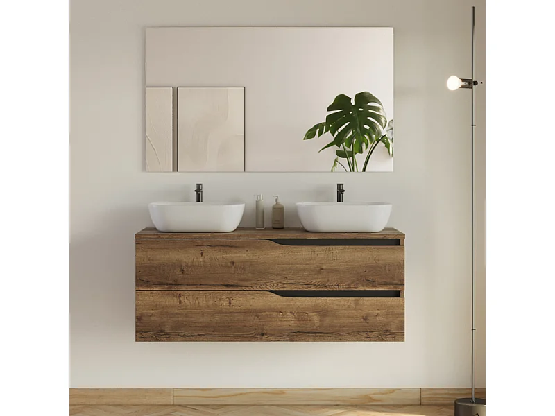 Meuble de salle de bain 120cm avec plateau et 2 vasques à poser Zeus - 2 tiroirs - tabaco (chêne foncé) - LUNA