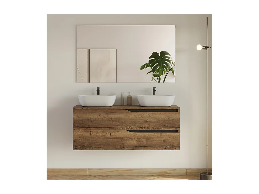 Meuble de salle de bain 120cm avec plateau et 2 vasques à poser Zeus - 2 tiroirs - tabaco (chêne foncé) - LUNA