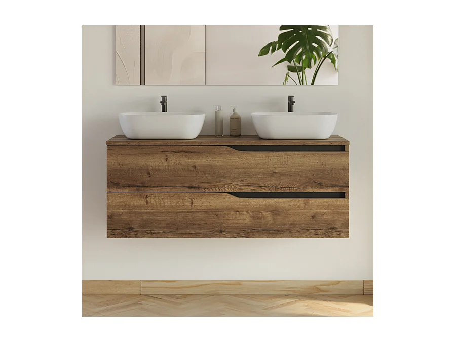 Meuble de salle de bain 120cm avec plateau et 2 vasques à poser Zeus - 2 tiroirs - tabaco (chêne foncé) - LUNA