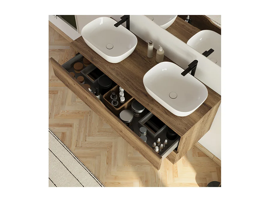 Meuble de salle de bain 120cm avec plateau et 2 vasques à poser Zeus - 2 tiroirs - tabaco (chêne foncé) - LUNA