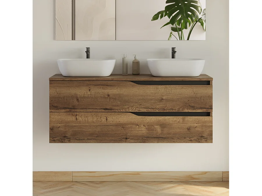 Meuble de salle de bain 120cm avec plateau et 2 vasques à poser Zeus - 2 tiroirs - tabaco (chêne foncé) - LUNA