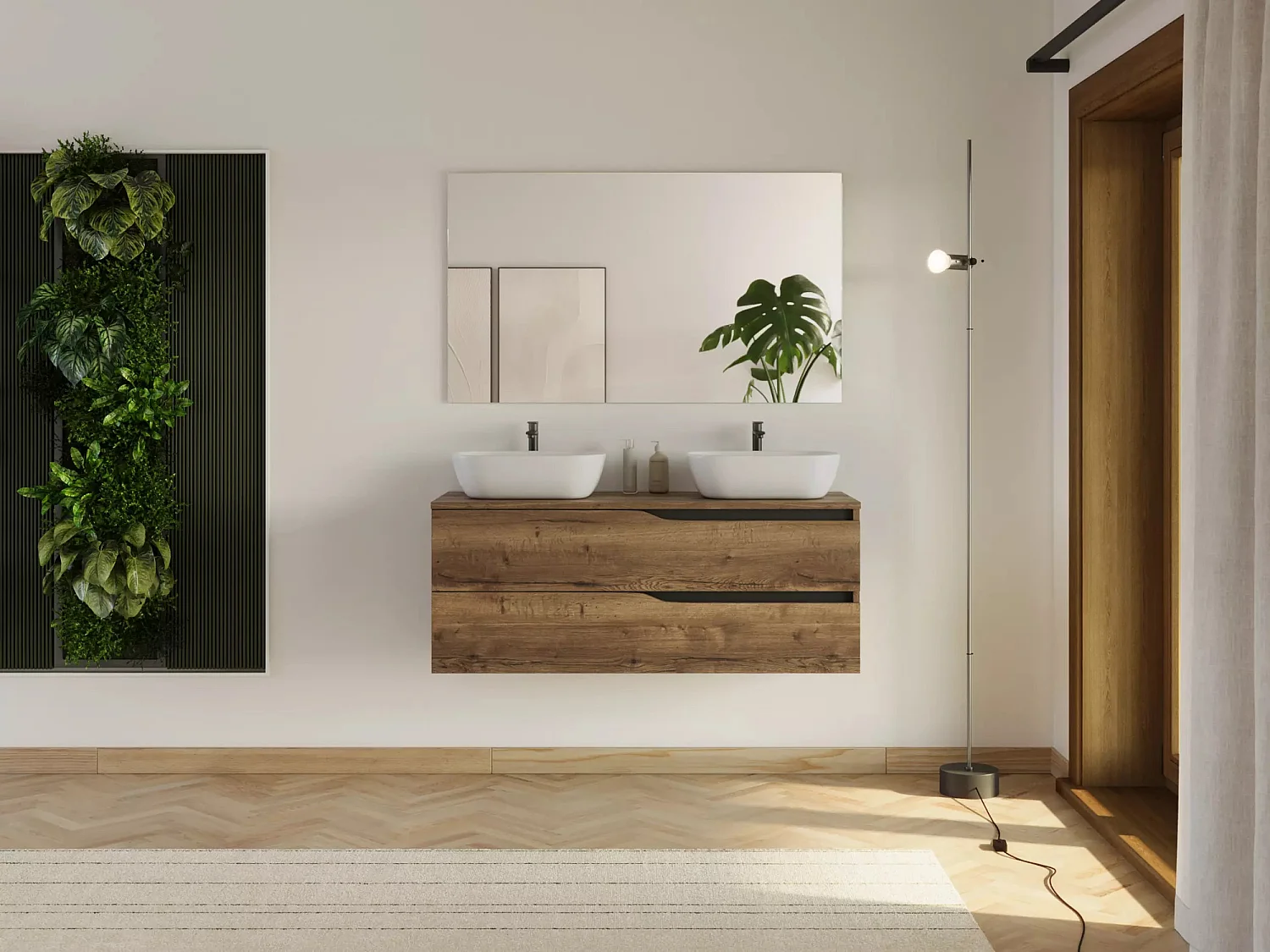 Meuble de salle de bain 120cm avec plateau et 2 vasques à poser Zeus - 2 tiroirs - tabaco (chêne foncé) - LUNA