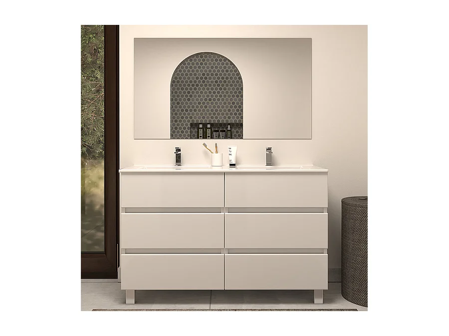 Meuble de salle de bain 120cm double vasque - 6 tiroirs - blanc - MAYOR