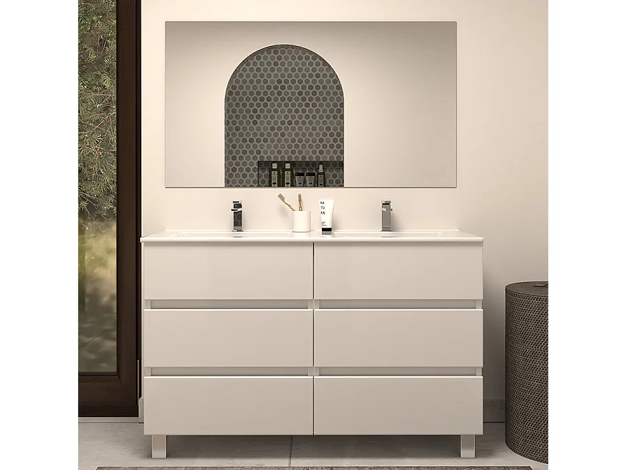 Meuble de salle de bain 120cm double vasque - 6 tiroirs - blanc - MAYOR