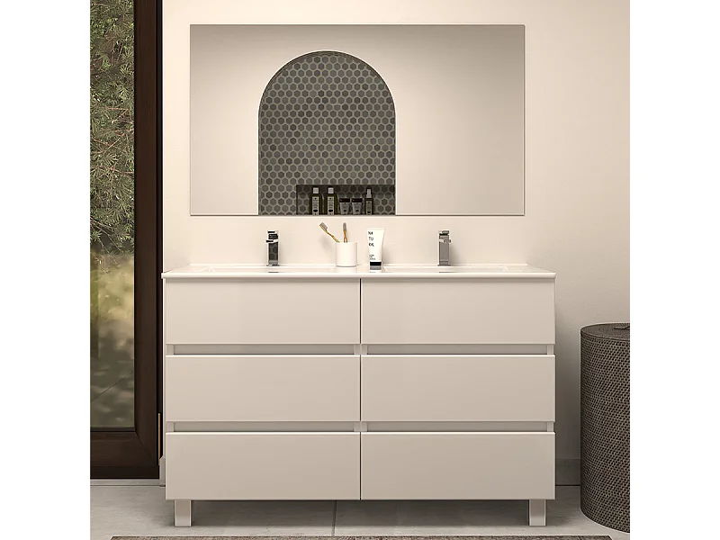 Meuble de salle de bain 120cm double vasque - 6 tiroirs - blanc - MAYOR