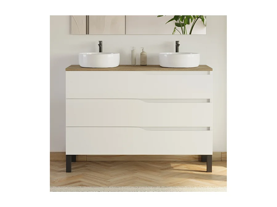 Meuble de salle de bain 120cm avec plateau miel et 2 vasques à poser Ares - 3 tiroirs - sans miroir - blanc - MATA