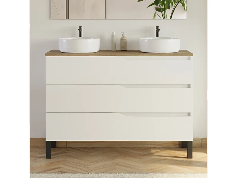 Meuble de salle de bain 120cm avec plateau miel et 2 vasques à poser Ares - 3 tiroirs - sans miroir - blanc - MATA