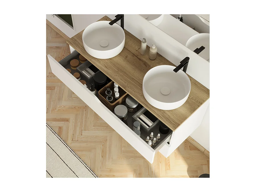 Meuble de salle de bain 120cm avec plateau miel et 2 vasques à poser Ares - 2 tiroirs - sans miroir - blanc - LUNA