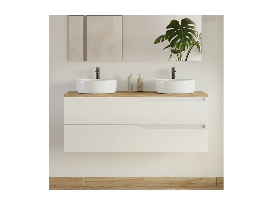 Meuble de salle de bain 120cm avec plateau miel et 2 vasques à poser Ares - 2 tiroirs - sans miroir - blanc - LUNA