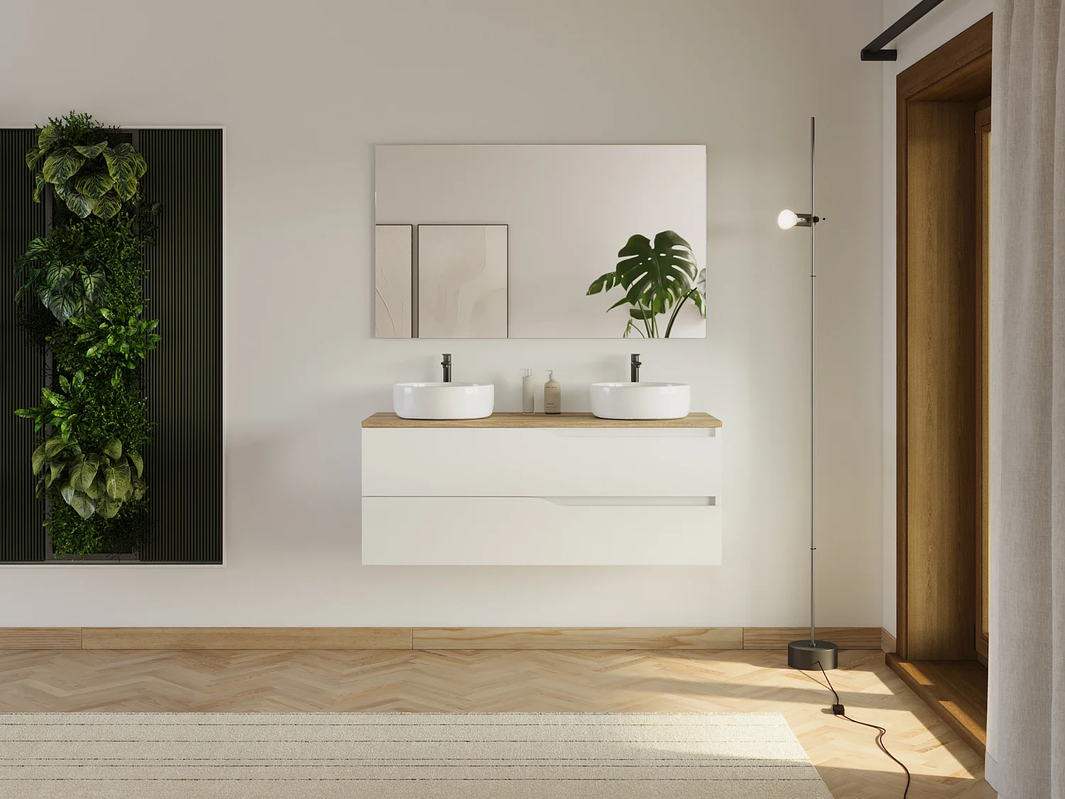 Meuble de salle de bain 120cm avec plateau miel et 2 vasques à poser Ares - 2 tiroirs - sans miroir - blanc - LUNA