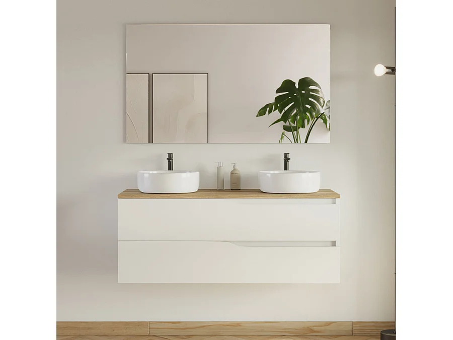 Meuble de salle de bain 120cm avec plateau miel et 2 vasques à poser Ares - 2 tiroirs - sans miroir - blanc - LUNA