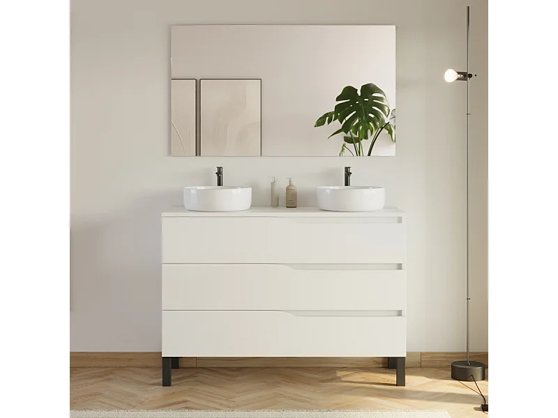 Meuble de salle de bain 120cm avec plateau et 2 vasques à poser Ares - 3 tiroirs - blanc - MATA
