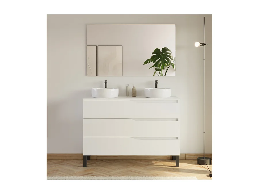 Meuble de salle de bain 120cm avec plateau et 2 vasques à poser Ares - 3 tiroirs - blanc - MATA