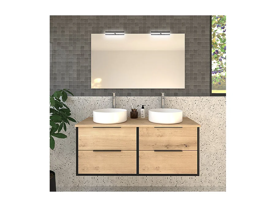 Meuble de salle de bain avec vasques rondes ALBA et miroir avec appliques - Noir - 120cm