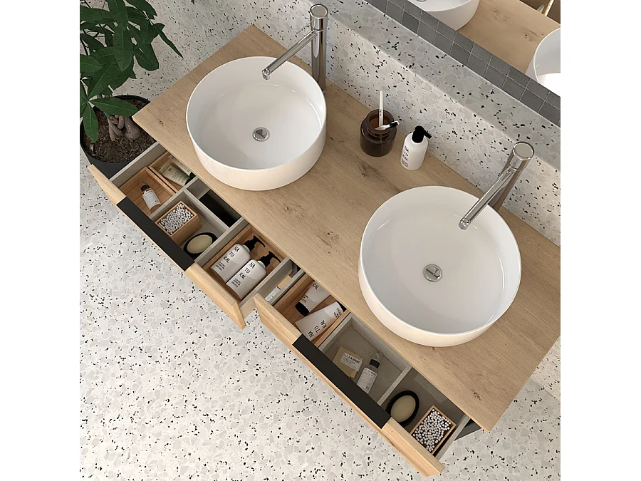 Meuble de salle de bain avec vasques rondes ALBA et miroir avec appliques - Noir - 120cm