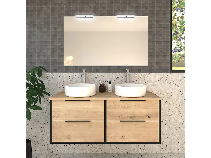 Meuble de salle de bain avec vasques rondes ALBA et miroir avec appliques - Noir - 120cm