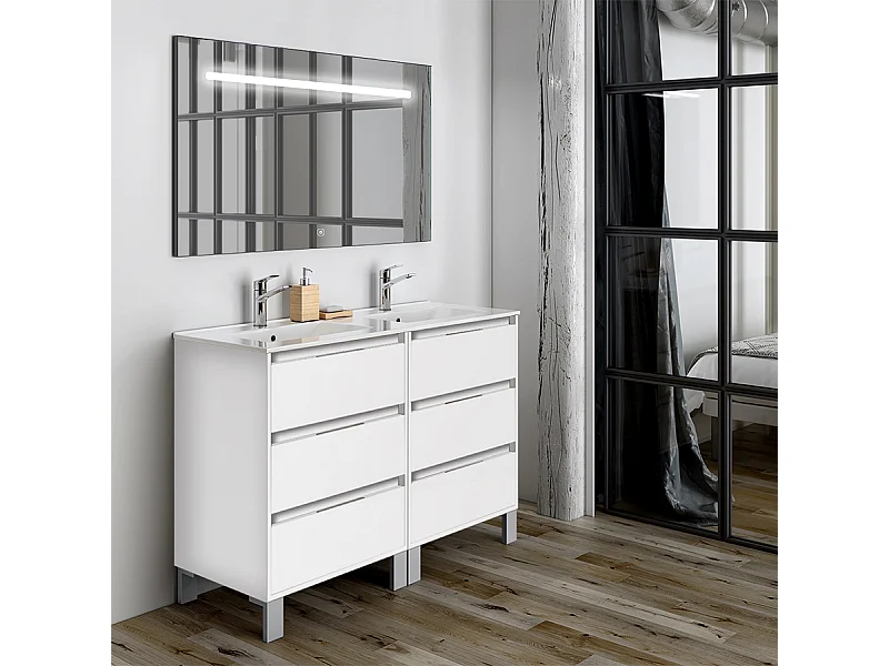 Meuble de salle de bain double vasque - 6 tiroirs - TIRIS 3C et miroir Led STAM - blanc - 120cm