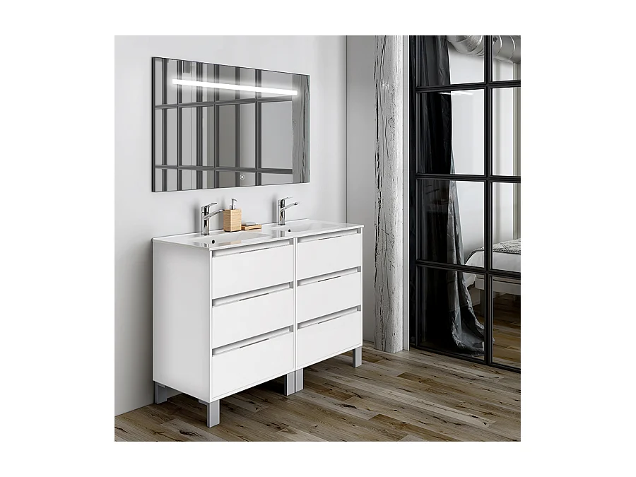 Meuble de salle de bain double vasque - 6 tiroirs - TIRIS 3C et miroir Led STAM - blanc - 120cm