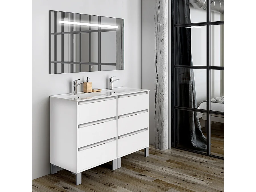 Meuble de salle de bain double vasque - 6 tiroirs - TIRIS 3C et miroir Led STAM - blanc - 120cm