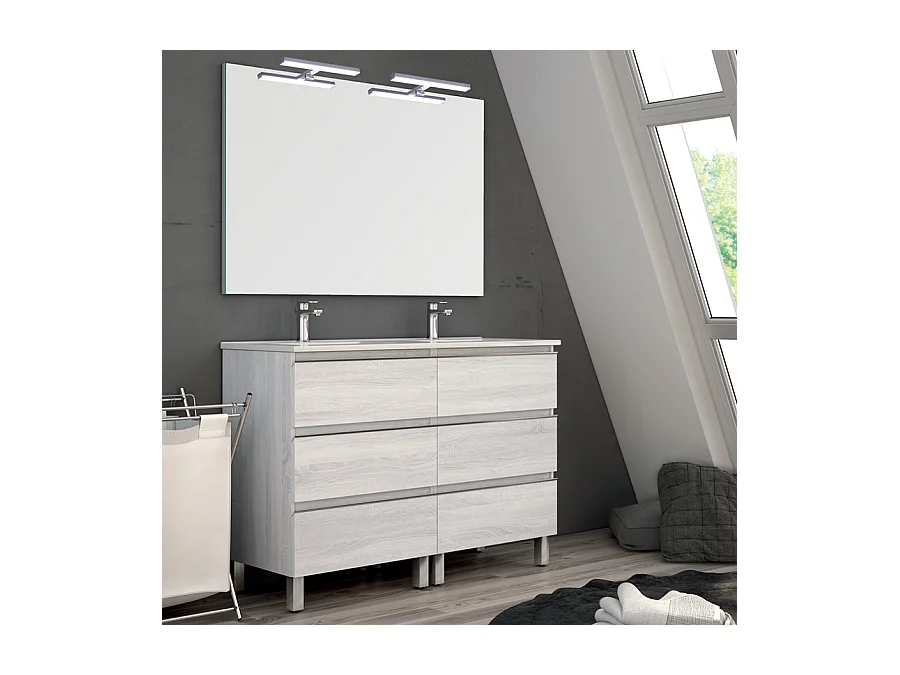 Meuble de salle de bain 140cm double vasque - 6 tiroirs - PALMA - hibernian (bois blanchi)