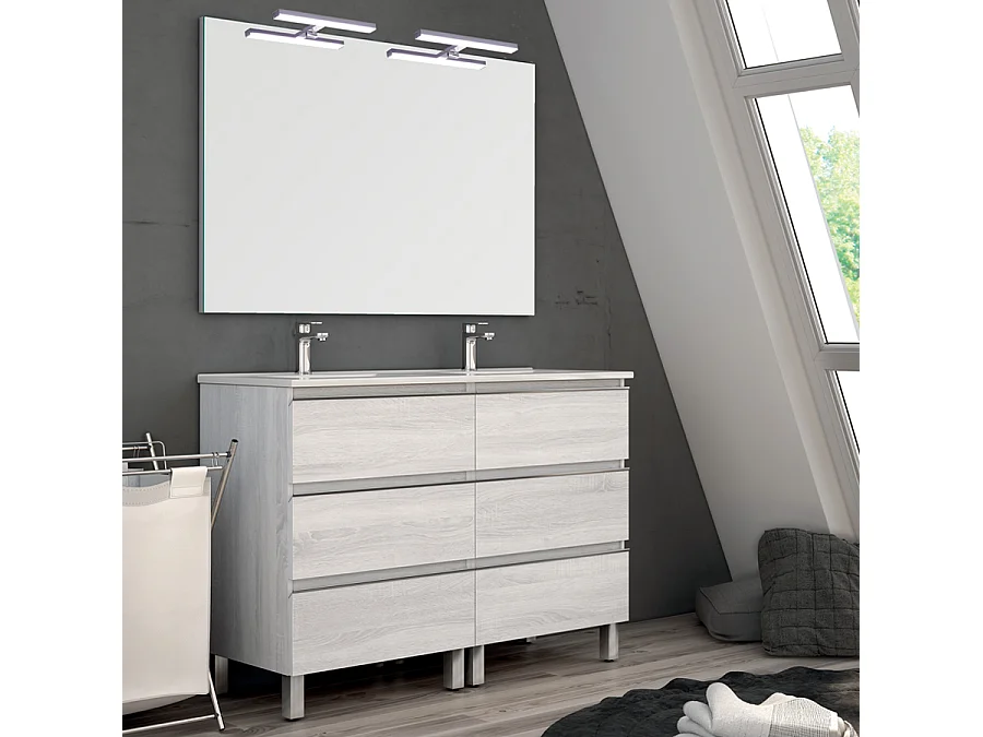 Meuble de salle de bain 140cm double vasque - 6 tiroirs - PALMA - hibernian (bois blanchi)