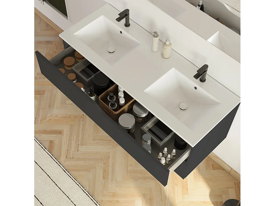 Meuble de salle de bain 120cm avec plan double vasque - 2 tiroirs - sans miroir - noir - LUNA