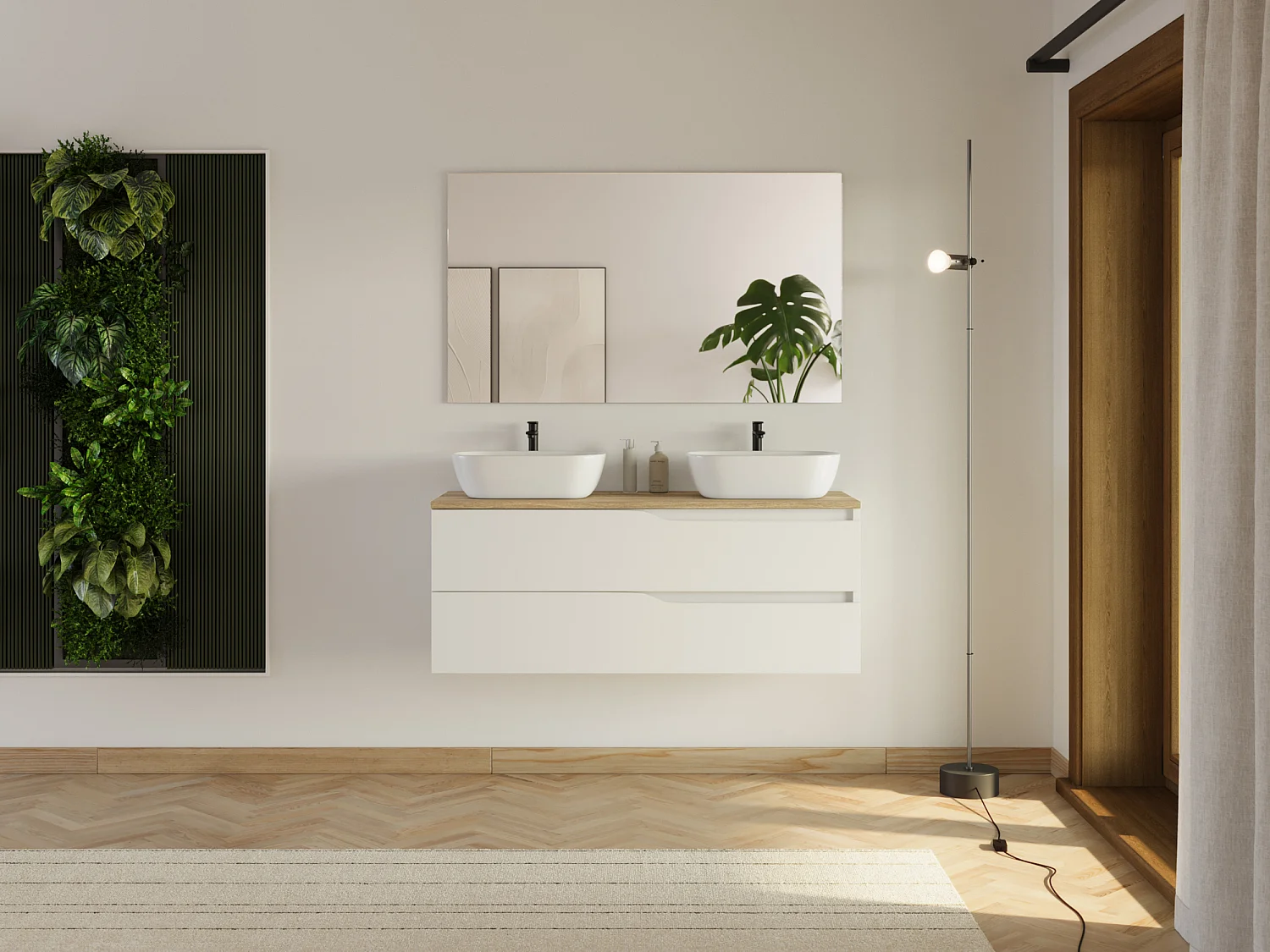 Meuble de salle de bain 120cm avec plateau et 2 vasques à poser Zeus - 2 tiroirs - sans miroir - blanc - LUNA