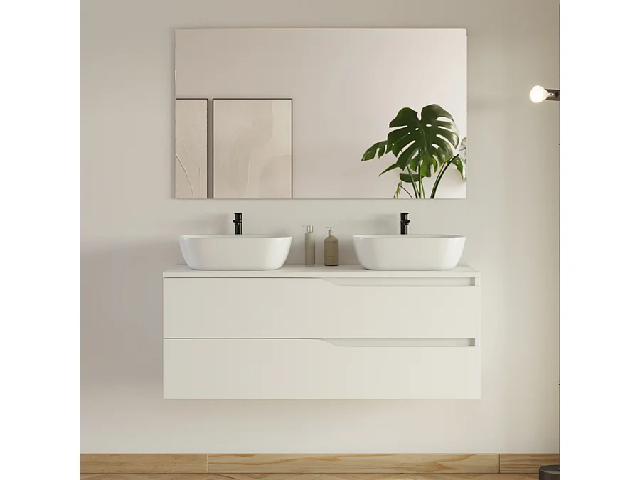 Meuble de salle de bain 120cm avec plateau et 2 vasques à poser Zeus - 2 tiroirs - sans miroir - blanc - LUNA