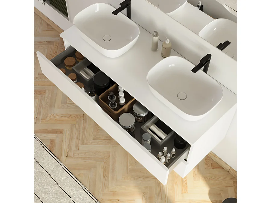 Meuble de salle de bain 120cm avec plateau et 2 vasques à poser Zeus - 2 tiroirs - sans miroir - blanc - LUNA