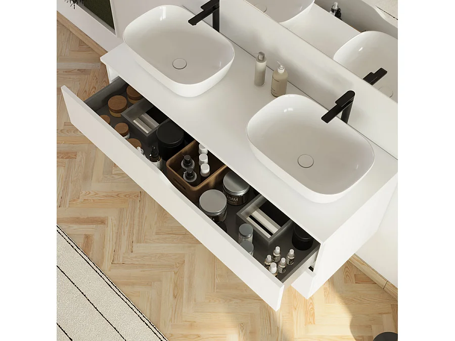 Meuble de salle de bain 120cm avec plateau et 2 vasques à poser Zeus - 2 tiroirs - sans miroir - blanc - LUNA