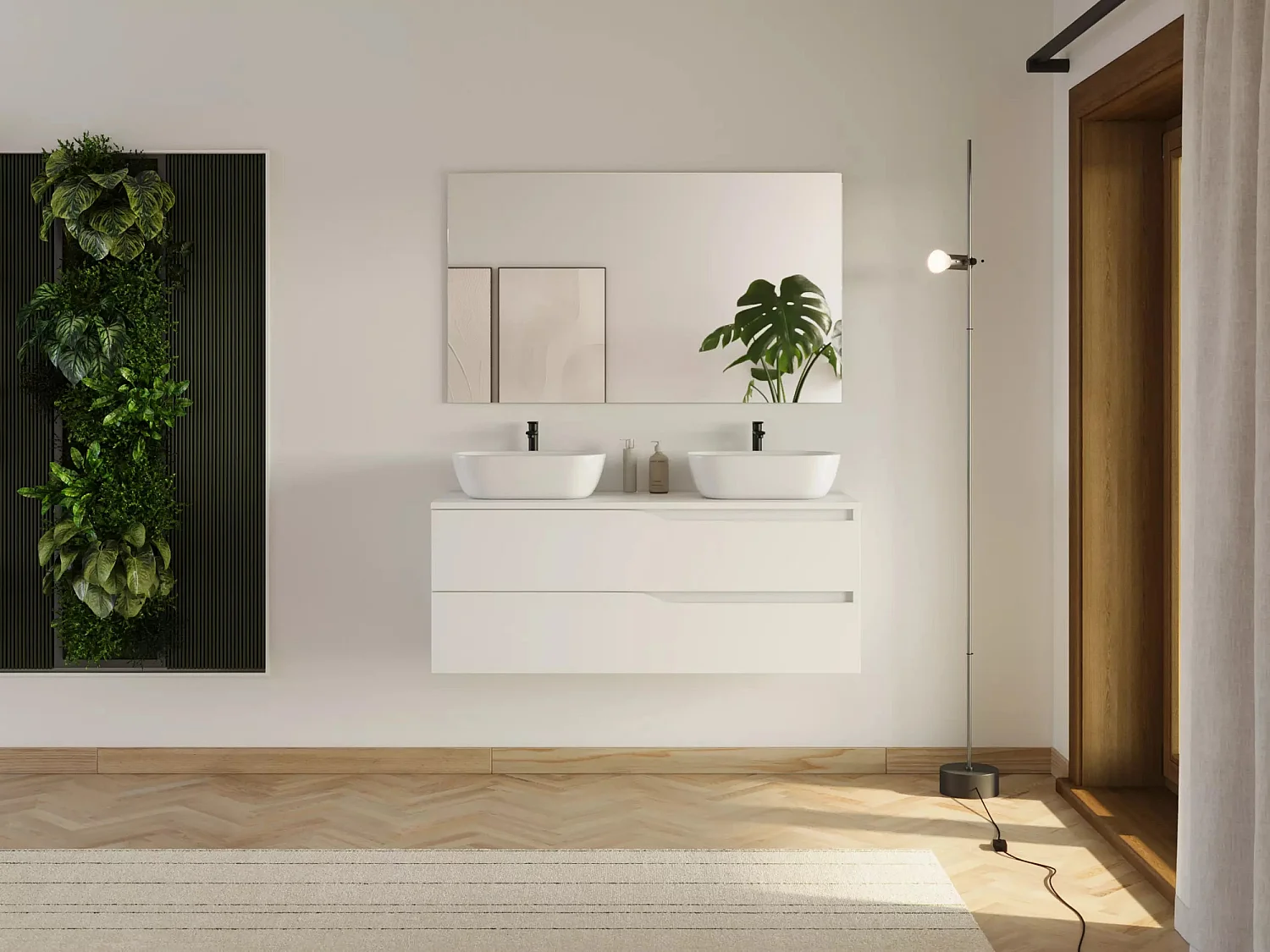 Meuble de salle de bain 120cm avec plateau et 2 vasques à poser Zeus - 2 tiroirs - sans miroir - blanc - LUNA