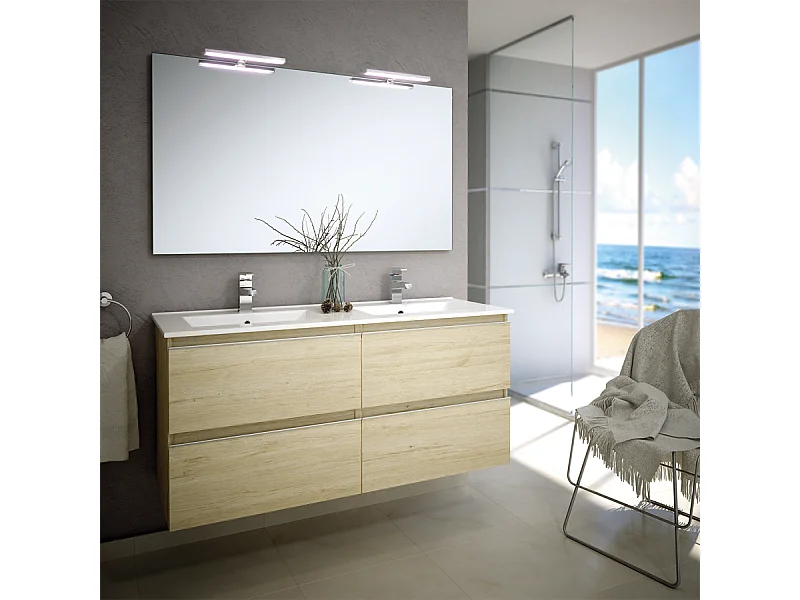 Meuble de salle de bain 120cm double vasque - 4 tiroirs - BALEA - bambou (chêne clair)