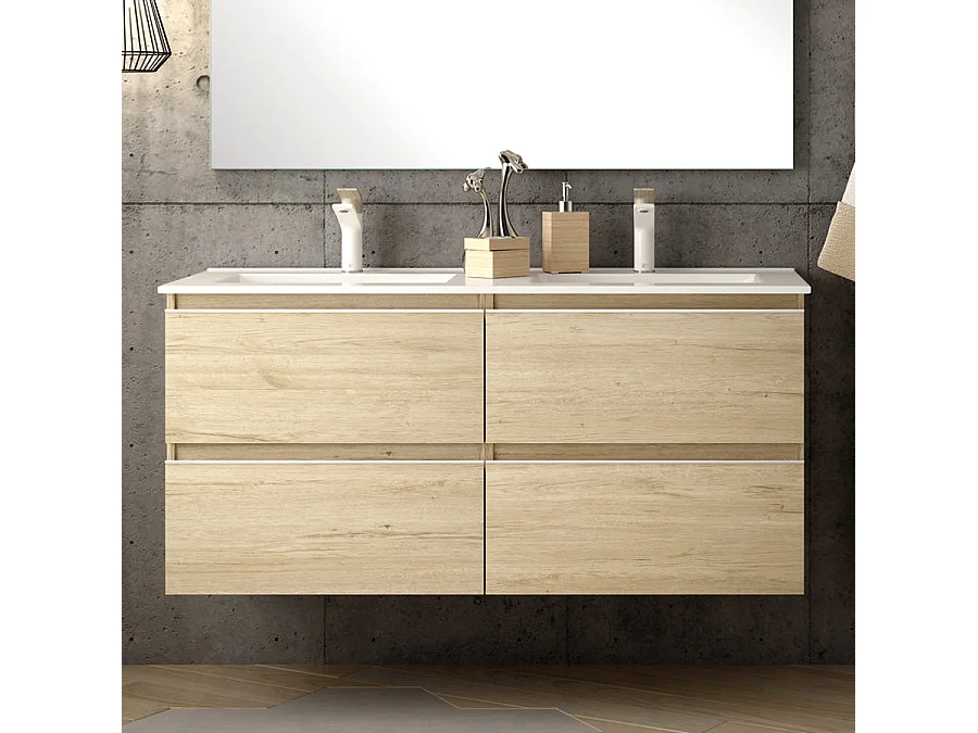 Meuble de salle de bain 120cm double vasque - 4 tiroirs - BALEA - bambou (chêne clair)