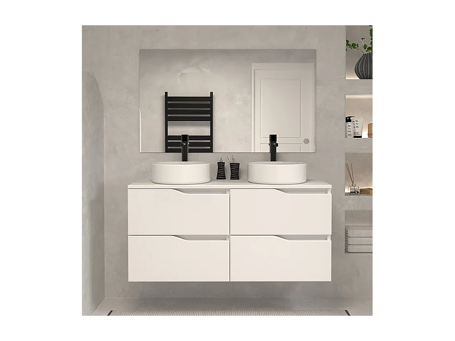 Meuble de salle de bain 120 avec plateau et 2 vasques à poser - 4 tiroirs - blanc - LUNA