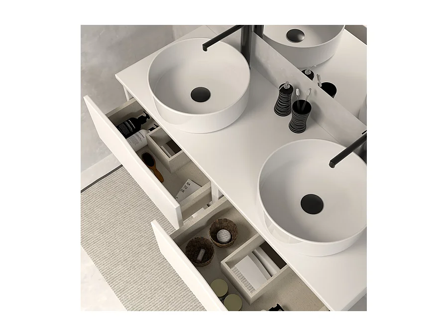 Meuble de salle de bain 120 avec plateau et 2 vasques à poser - 4 tiroirs - blanc - LUNA